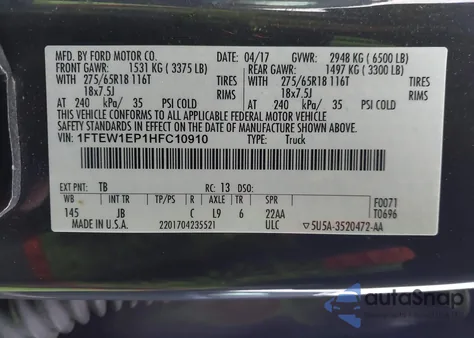 2017 Ford F-150 Xlt из США, поврежденный, VIN 1FTEW1EP1HFC10910